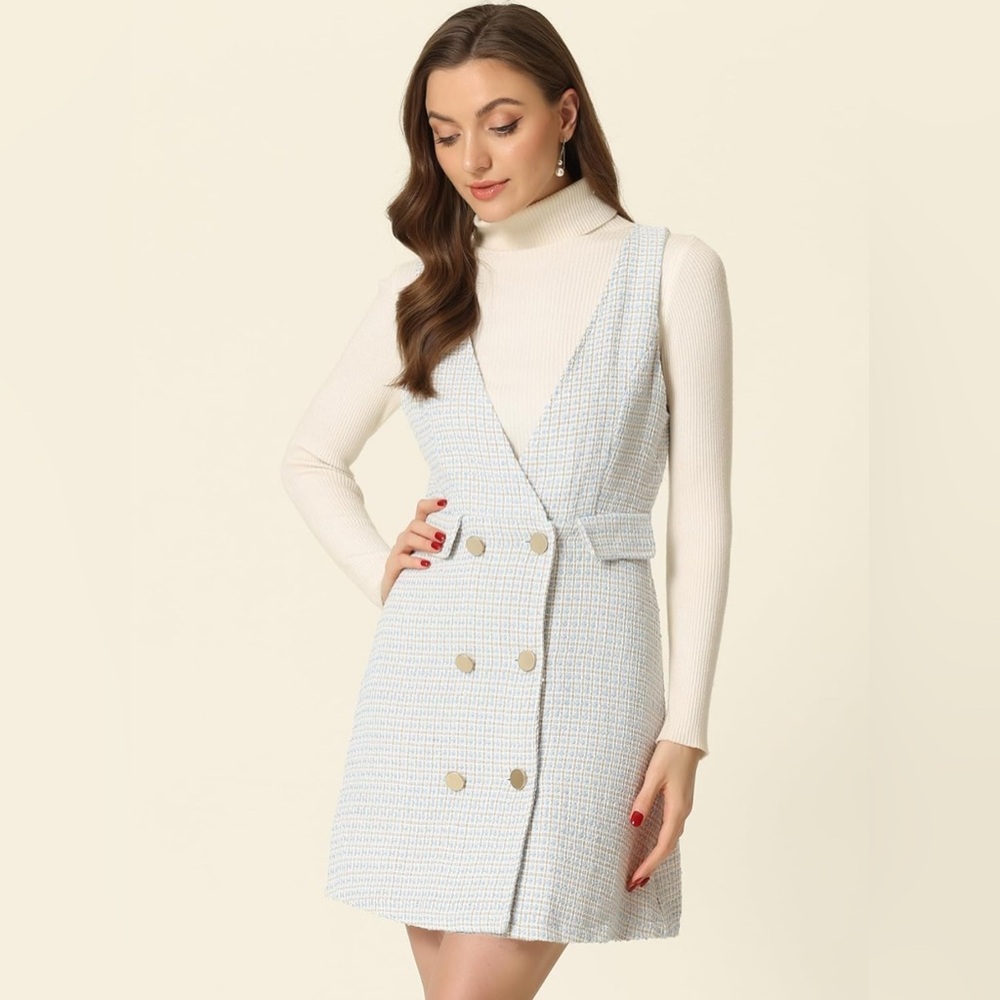 NWT Elegant Blue Tweed Dress with gold buttons Small